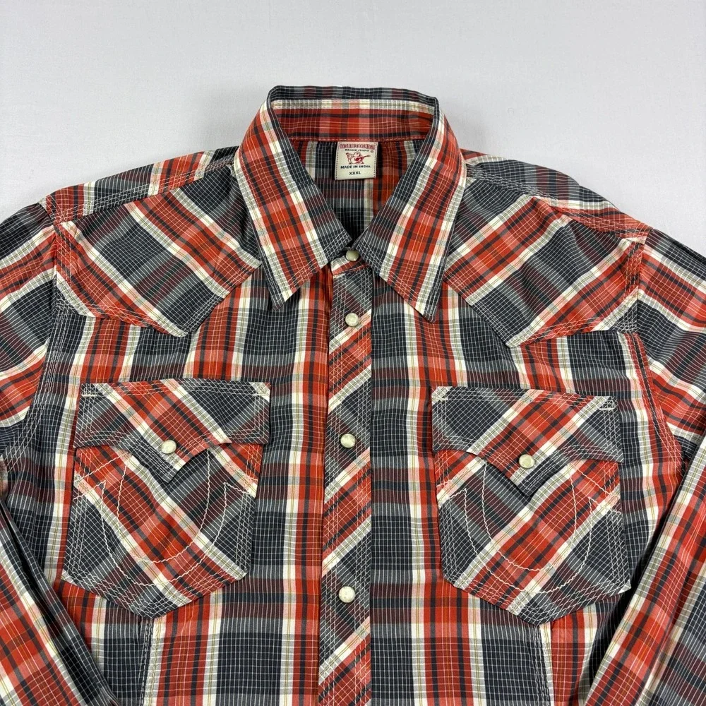 True Religion Western Shirt Mens 3XL Orange Plaid Pearl Snap Up Long Sleeve‎ NEW